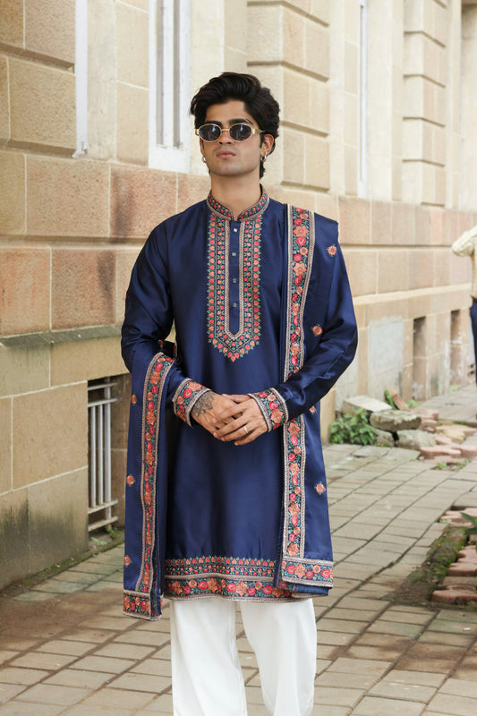 Men's Navy Blue Satin Silk Kurta Set with Dupatta
