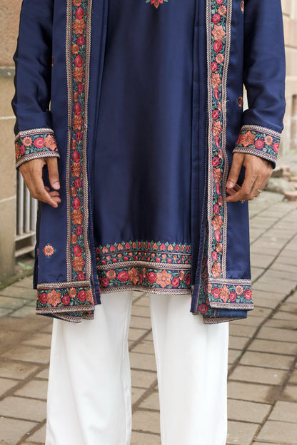 Men's Navy Blue Satin Silk Kurta Set with Dupatta