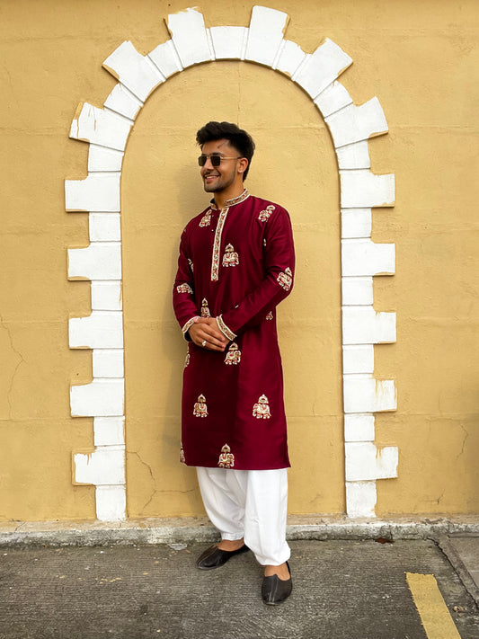 Men’s Maroon Silk Embroidered Kurta Set