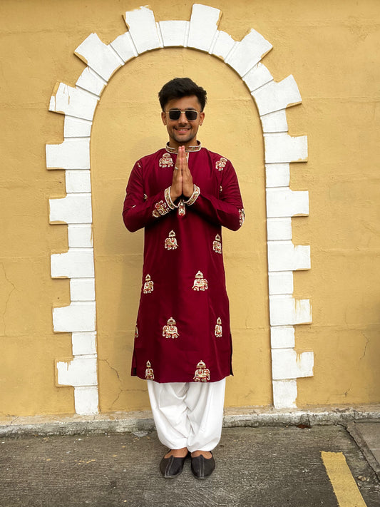 Men’s Maroon Silk Embroidered Kurta Set