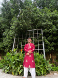 Men’s Maroon Silk Embroidered Kurta Set