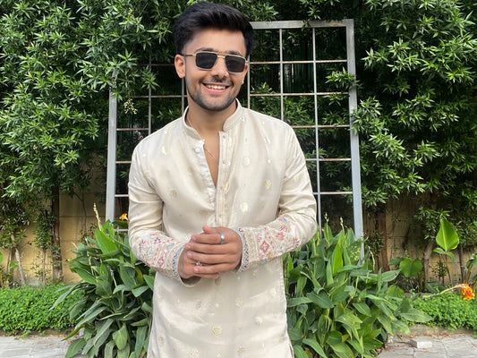 Men's Beige Embroidered Kurta Set