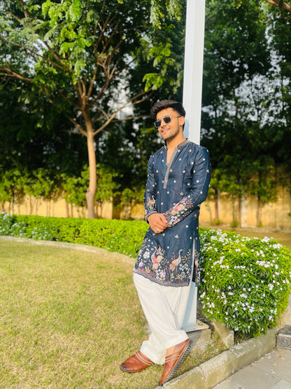 Men's Blue Kenzo Bead Work Embroidered Kurta Set