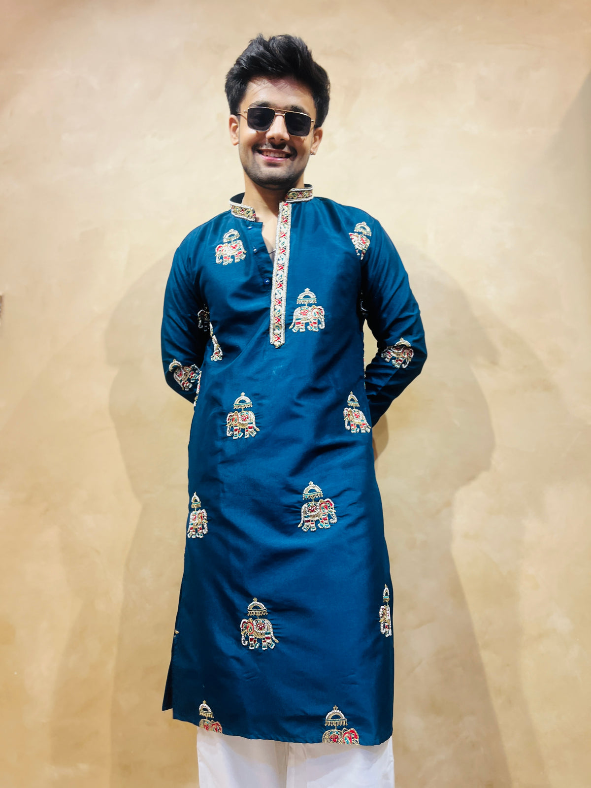 Men's Blue Silk Bead Work Embroidered Kurta Set