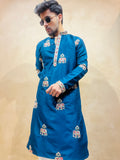 Men's Blue Silk Bead Work Embroidered Kurta Set