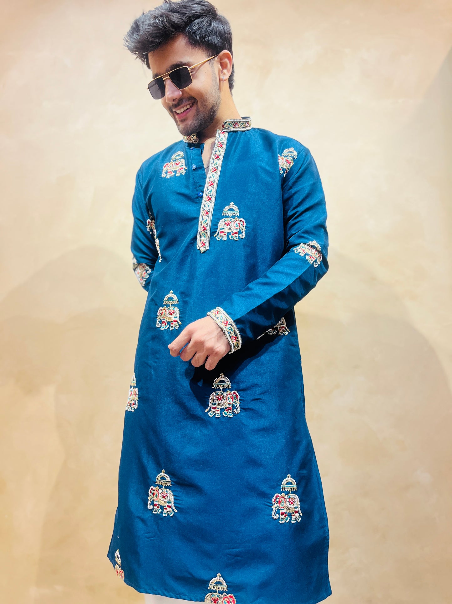 Men's Blue Silk Bead Work Embroidered Kurta Set