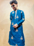 Men's Blue Silk Bead Work Embroidered Kurta Set