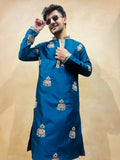 Men's Blue Silk Bead Work Embroidered Kurta Set