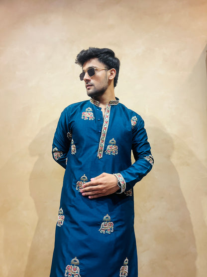 Men's Blue Silk Bead Work Embroidered Kurta Set
