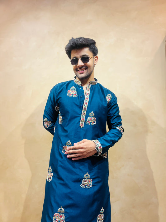 Men's Blue Silk Bead Work Embroidered Kurta Set