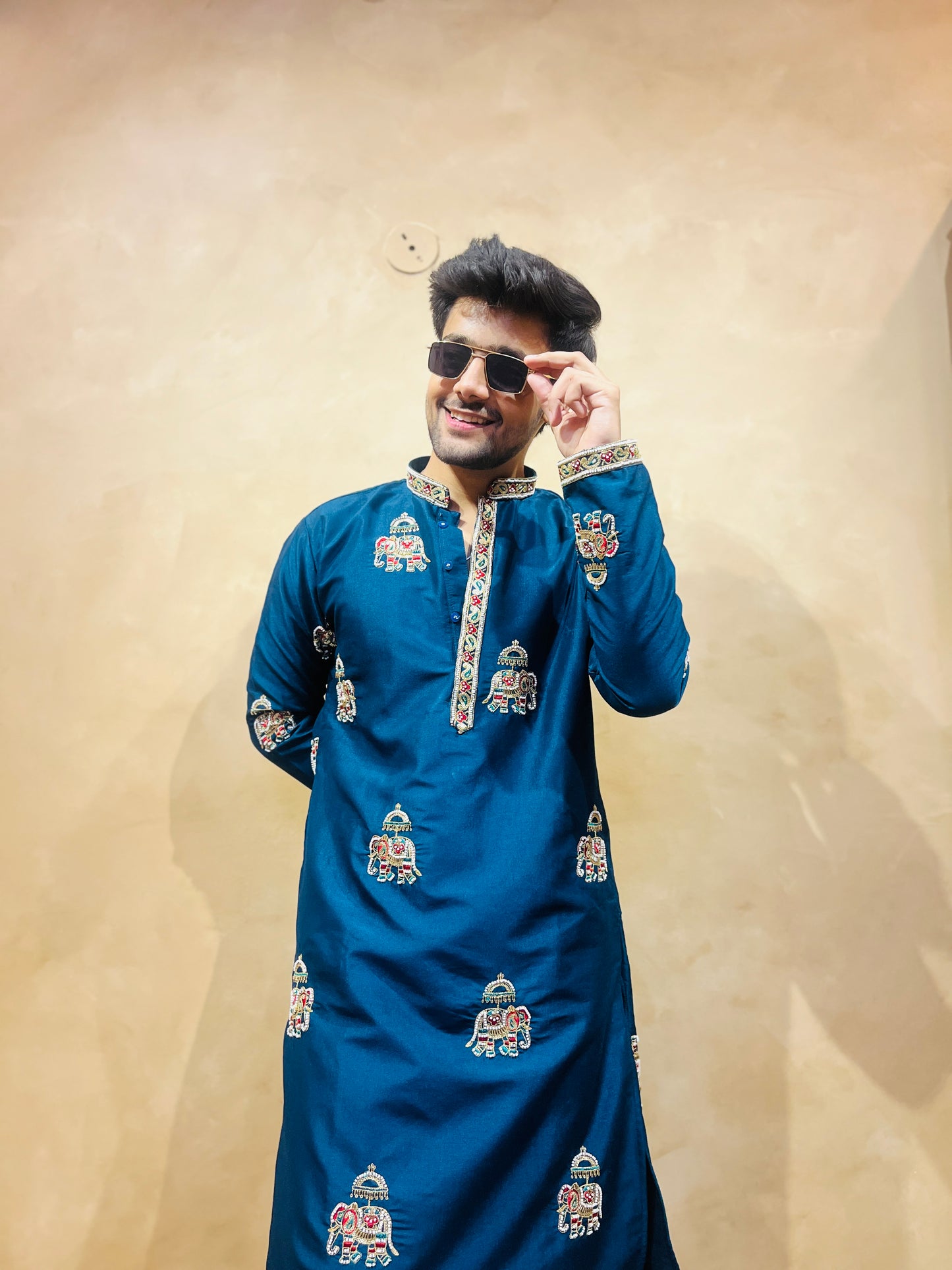 Men's Blue Silk Bead Work Embroidered Kurta Set