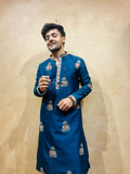 Men's Blue Silk Bead Work Embroidered Kurta Set