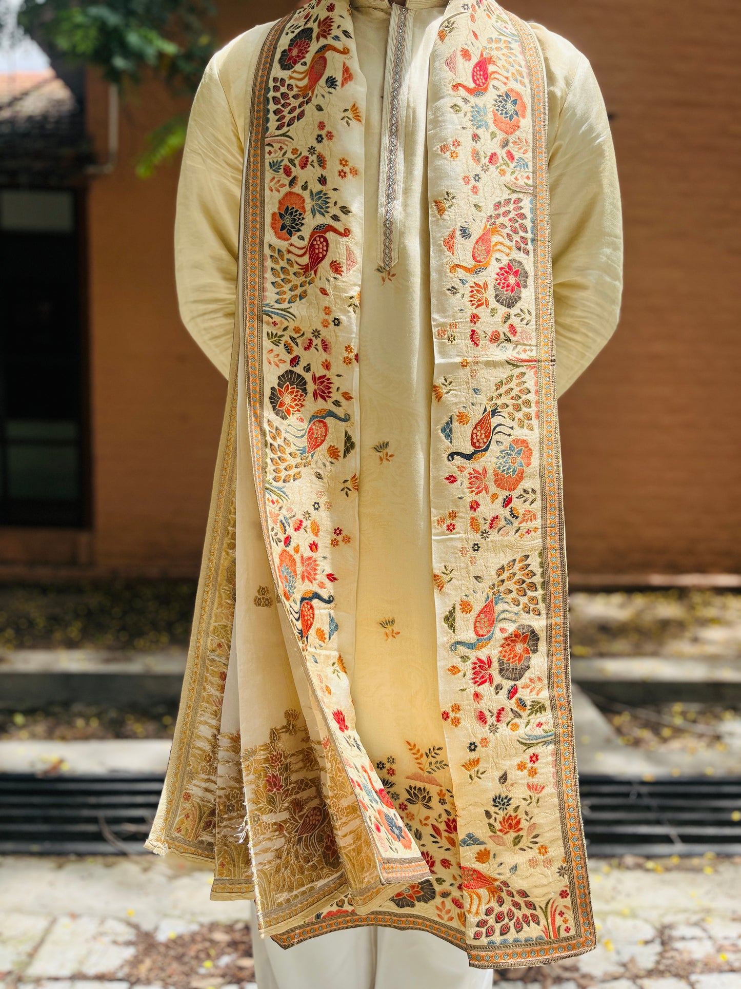 Men's Cream Jacquard Kurta with Swarovski Work & Position Print
