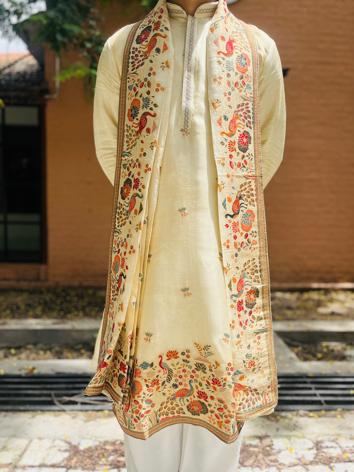 Men's Cream Jacquard Kurta with Swarovski Work & Position Print