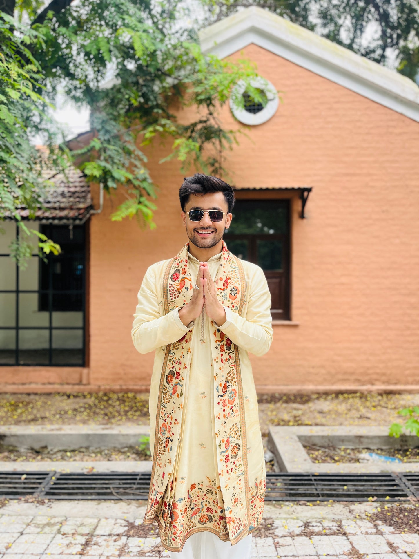 Men's Cream Jacquard Kurta with Swarovski Work & Position Print