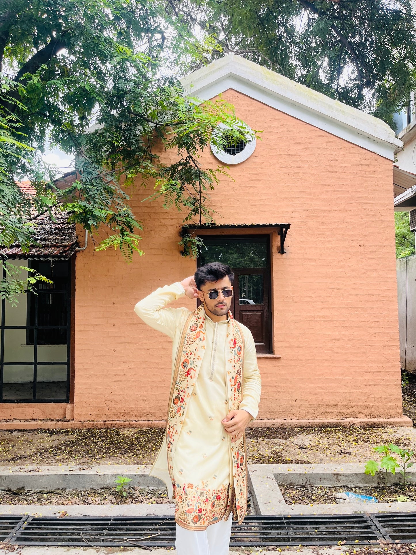 Men's Cream Jacquard Kurta with Swarovski Work & Position Print