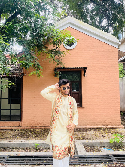Men's Cream Jacquard Kurta with Swarovski Work & Position Print