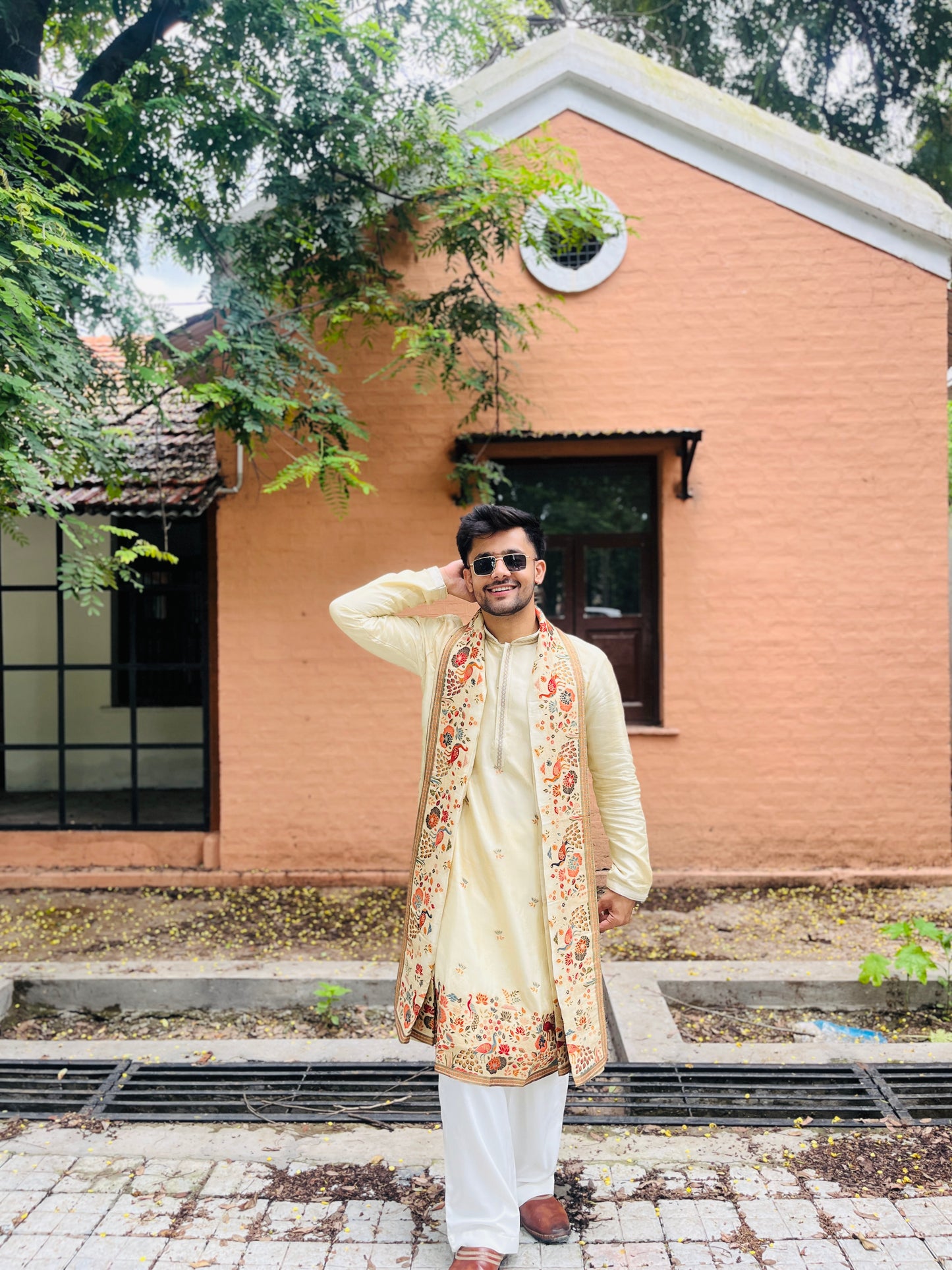 Men's Cream Jacquard Kurta with Swarovski Work & Position Print