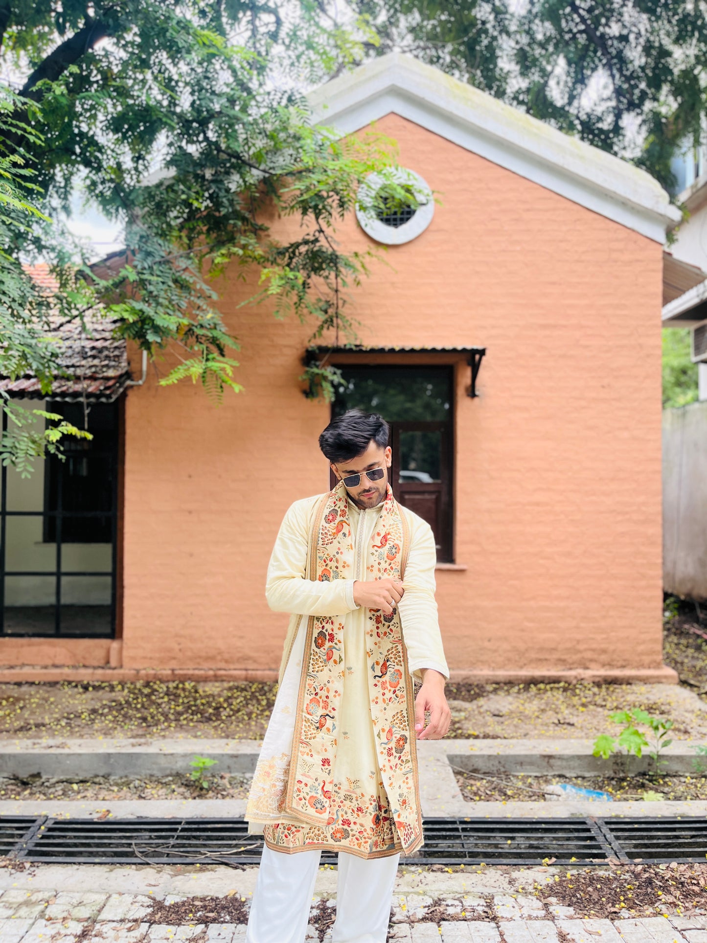 Men's Cream Jacquard Kurta with Swarovski Work & Position Print