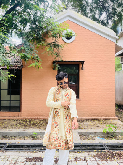 Men's Cream Jacquard Kurta with Swarovski Work & Position Print