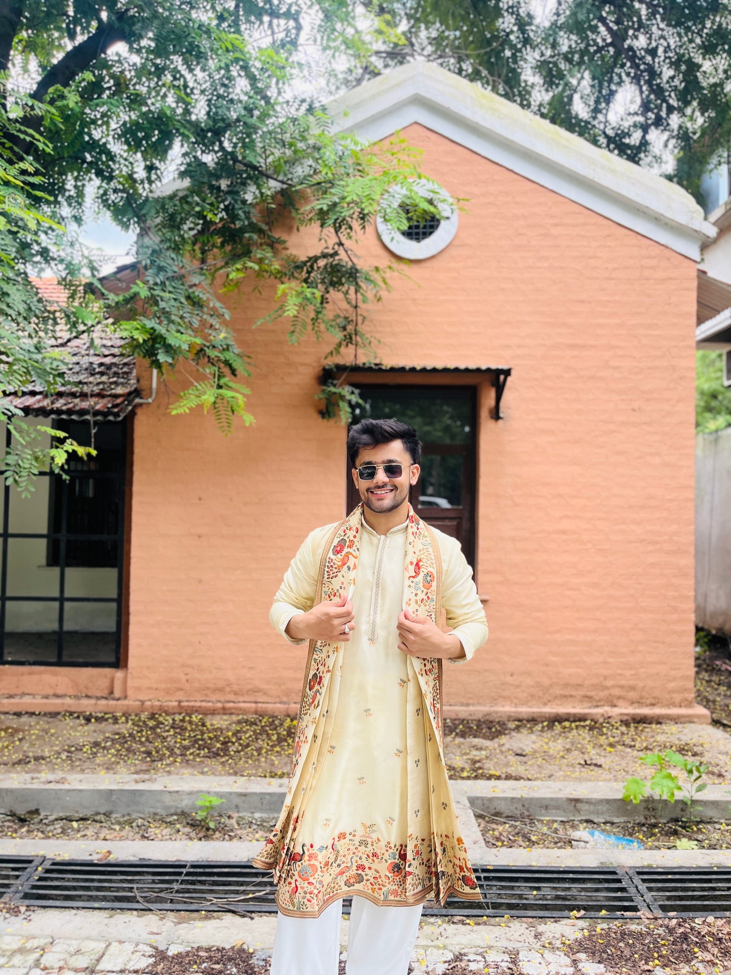 Men's Cream Jacquard Kurta with Swarovski Work & Position Print