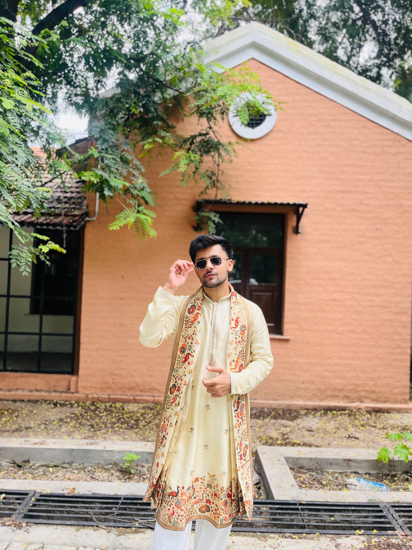 Men's Cream Jacquard Kurta with Swarovski Work & Position Print