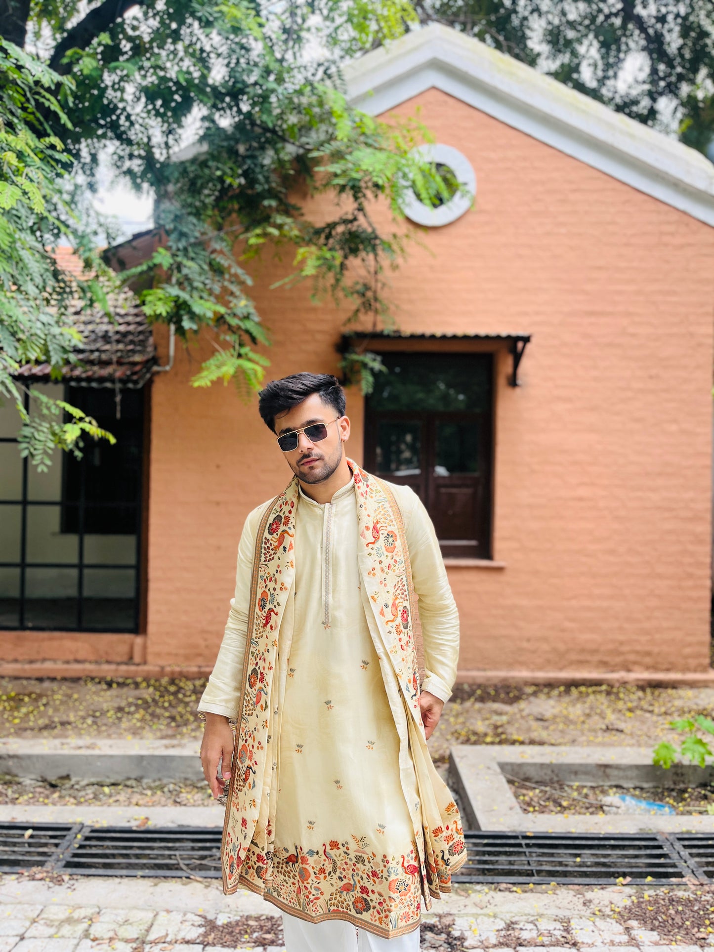 Men's Cream Jacquard Kurta with Swarovski Work & Position Print