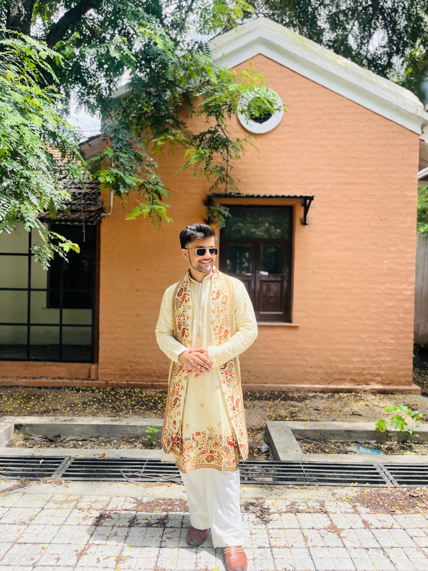 Men's Cream Jacquard Kurta with Swarovski Work & Position Print
