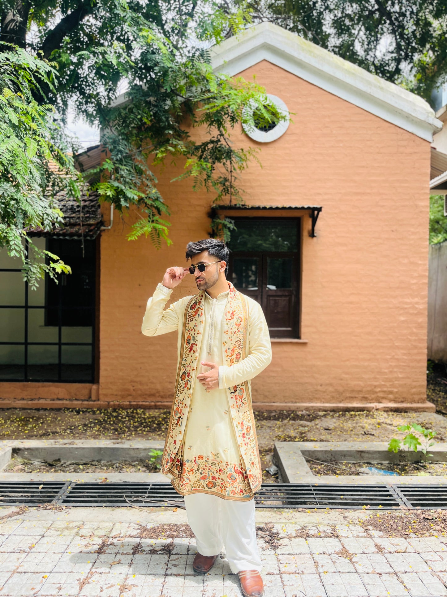 Men's Cream Jacquard Kurta with Swarovski Work & Position Print