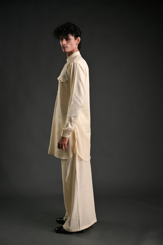 Classic Cream Linen Blend Pathani Suit with Flared Pants