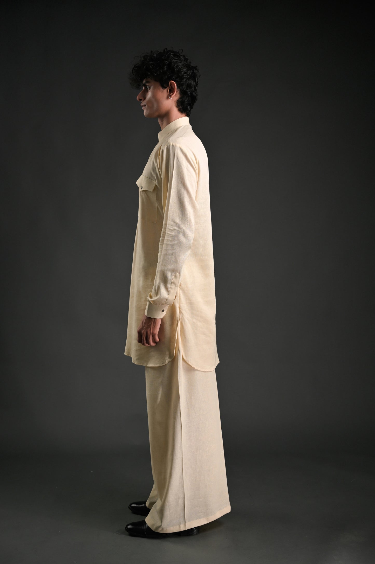 Classic Cream Linen Blend Pathani Suit with Flared Pants
