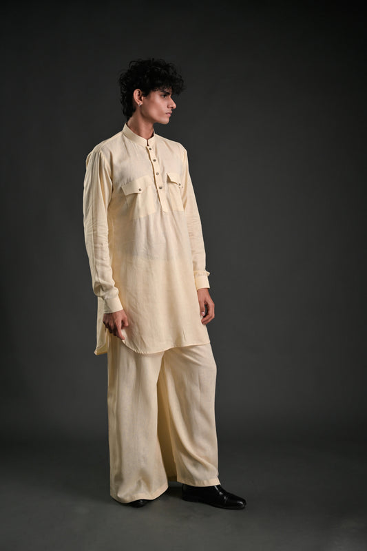 Classic Cream Linen Blend Pathani Suit with Flared Pants