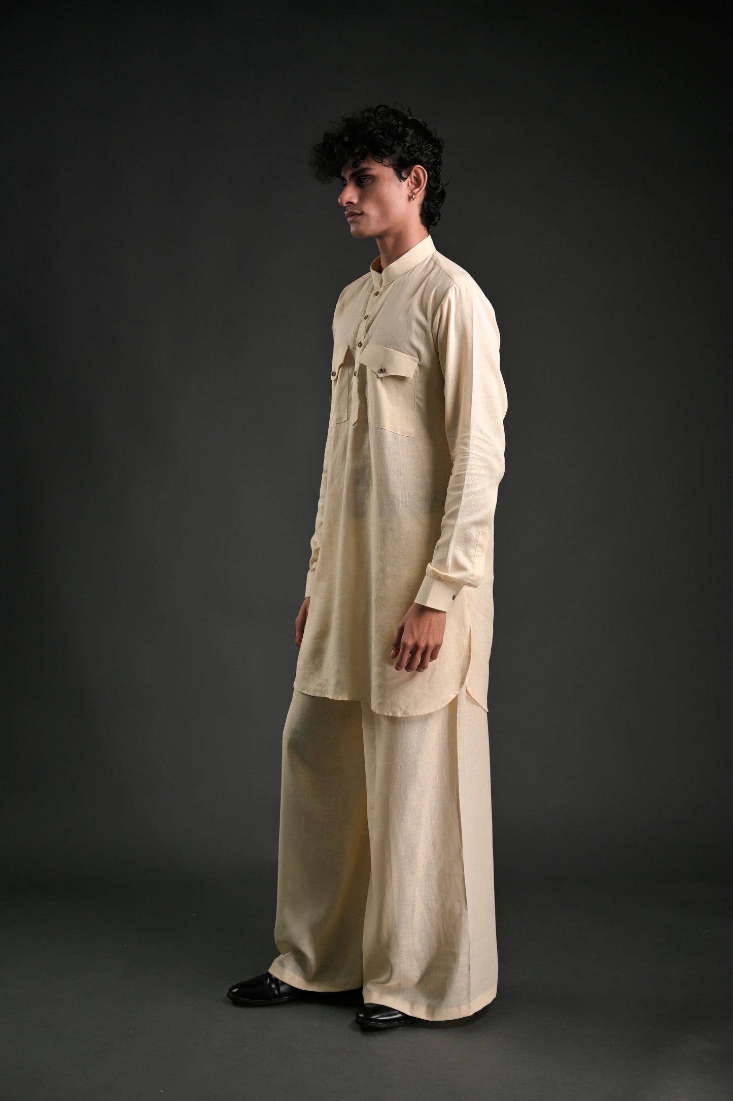 Classic Cream Linen Blend Pathani Suit with Flared Pants