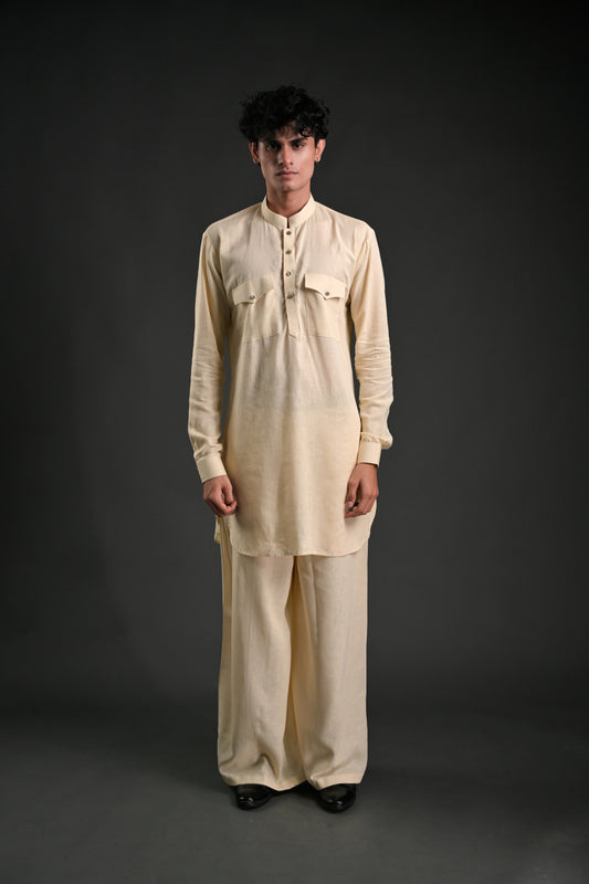 Classic Cream Linen Blend Pathani Suit with Flared Pants