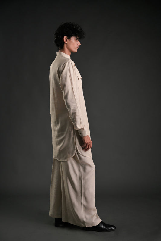 Classic Natural Linen Blend Pathani Suit with Flared Pants