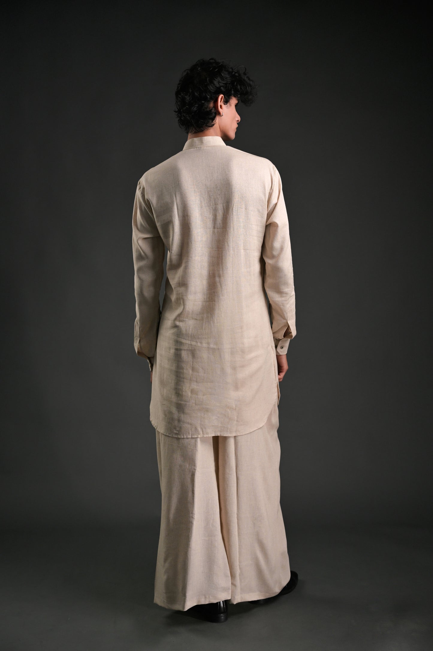 Classic Natural Linen Blend Pathani Suit with Flared Pants