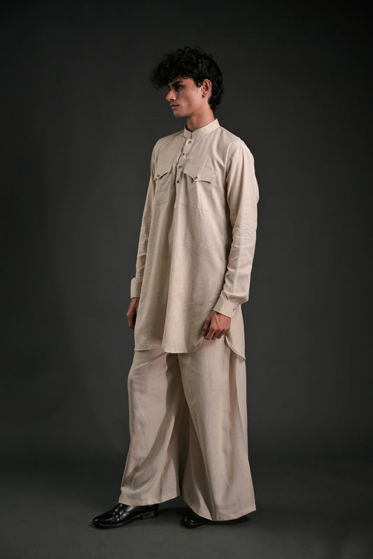 Classic Natural Linen Blend Pathani Suit with Flared Pants