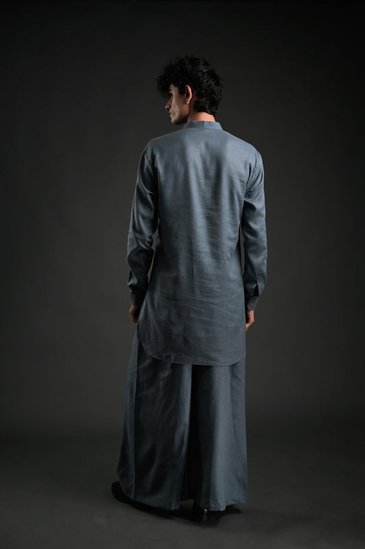 Classic Dark Grey Linen Blend Pathani Suit with Flared Pants