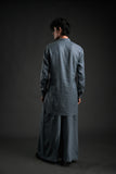 Classic Dark Grey Linen Blend Pathani Suit with Flared Pants