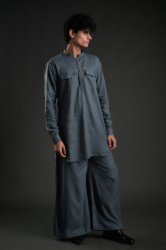 Classic Dark Grey Linen Blend Pathani Suit with Flared Pants