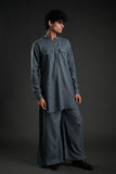 Classic Dark Grey Linen Blend Pathani Suit with Flared Pants