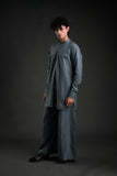 Classic Dark Grey Linen Blend Pathani Suit with Flared Pants