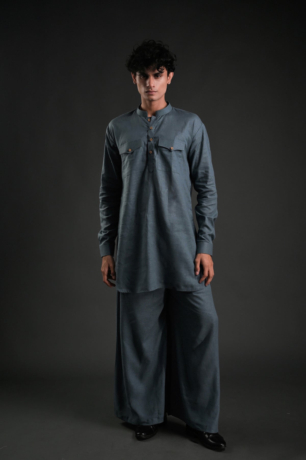 Classic Dark Grey Linen Blend Pathani Suit with Flared Pants