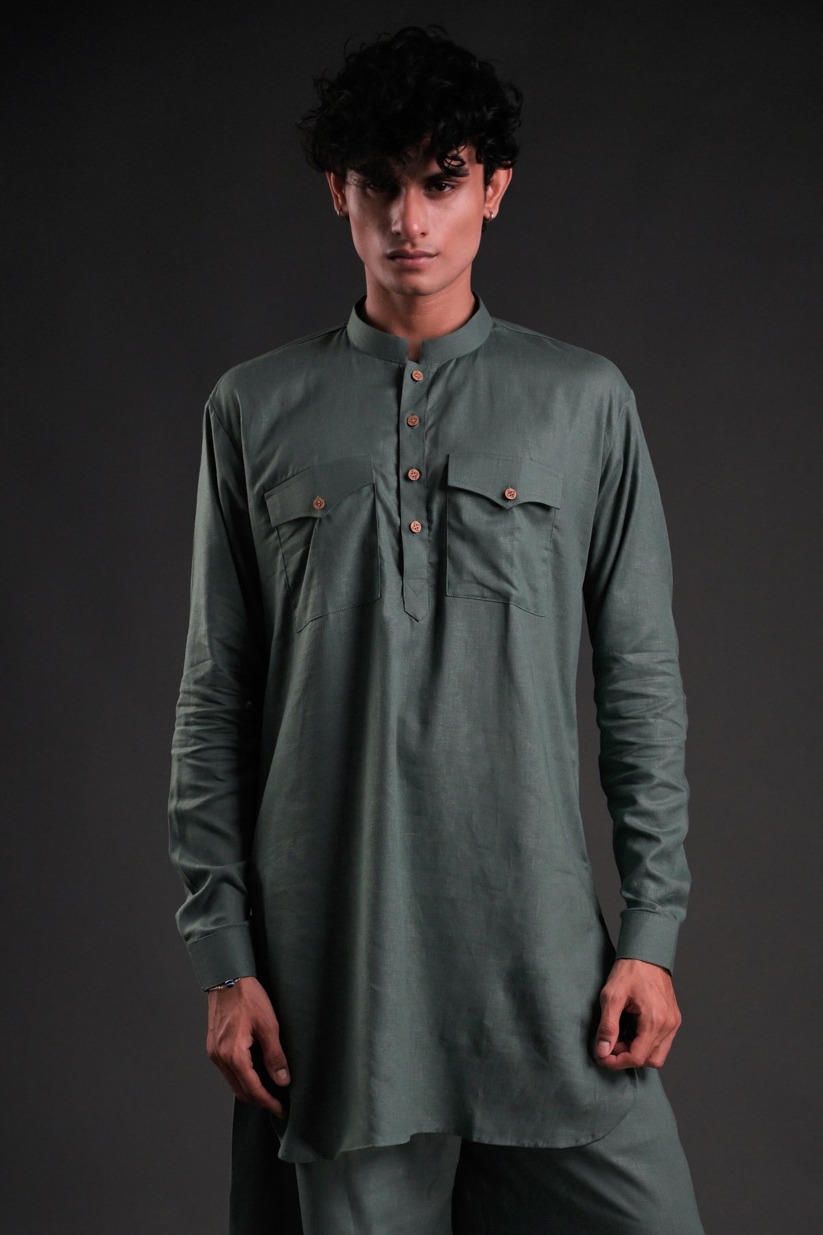 Classic Green Linen Blend Pathani Suit with Flared Pants