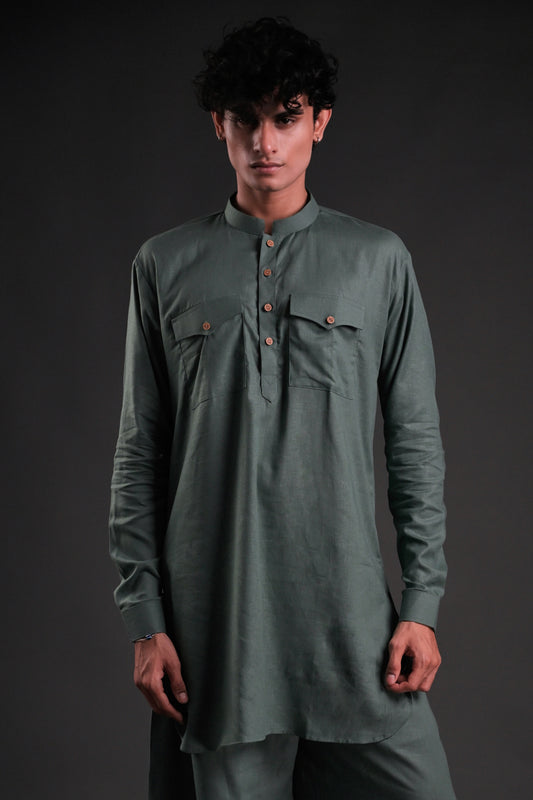 Classic Green Linen Blend Pathani Suit with Flared Pants