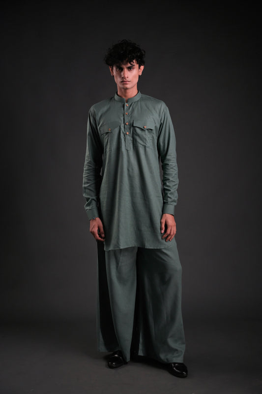 Classic Green Linen Blend Pathani Suit with Flared Pants