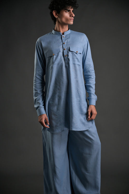 Classic Blue Linen Blend Pathani Suit with Flared Pants