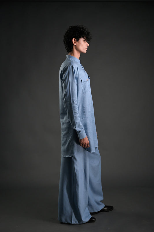 Classic Blue Linen Blend Pathani Suit with Flared Pants