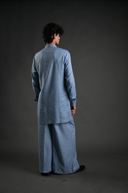 Classic Blue Linen Blend Pathani Suit with Flared Pants