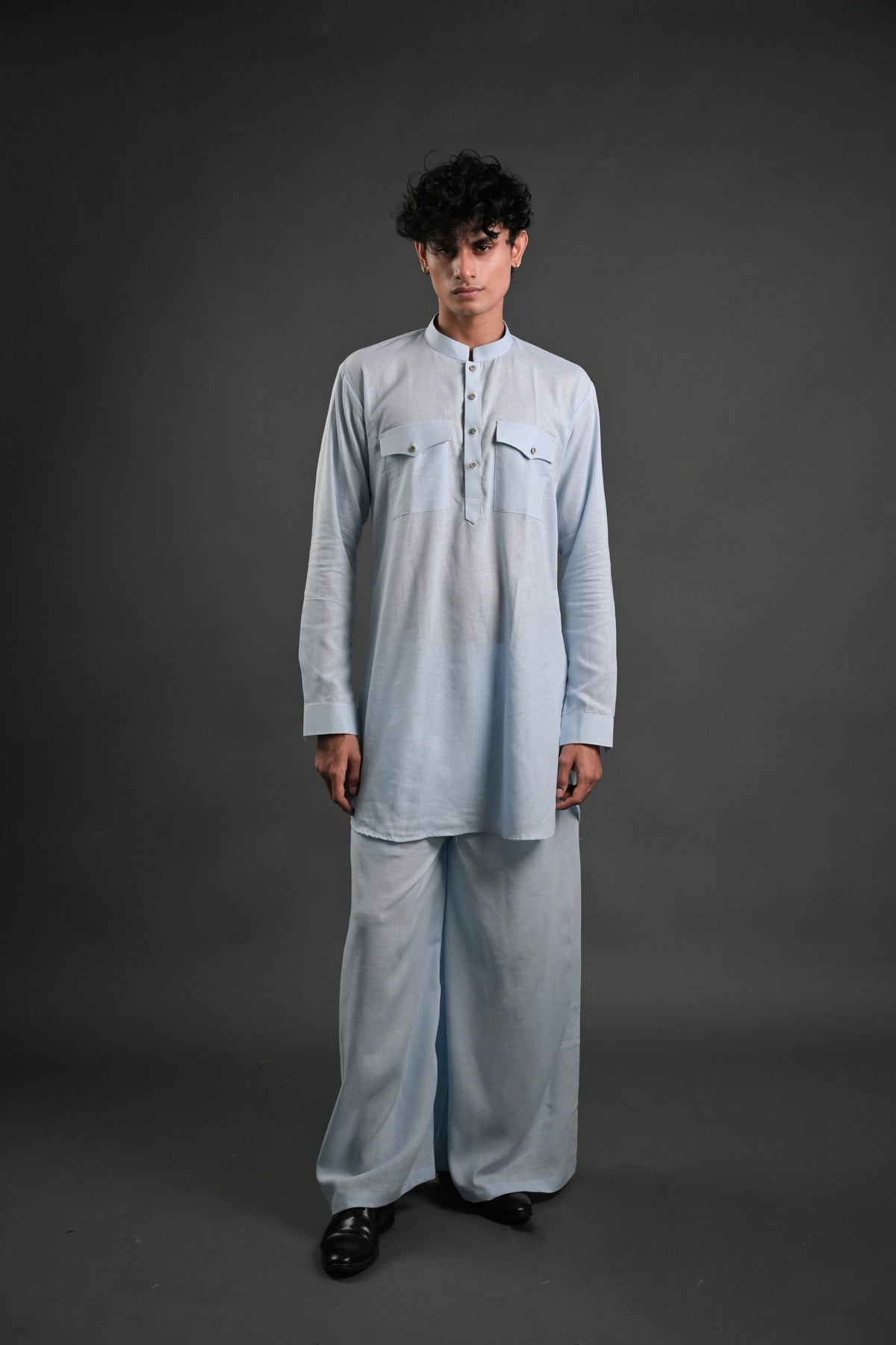 Classic Sky Blue Linen Blend Pathani Suit with Flared Pants